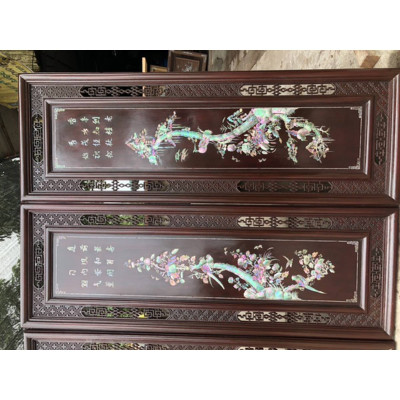 Tranh tứ quý bốn mùa gỗ gụ khảm ốc kết hợp với vỏ bào ngư xanh đỏ kt 37×107×3.5cm