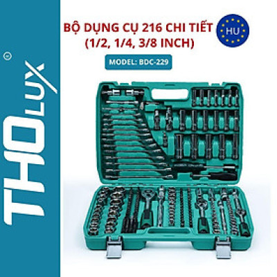 Bộ dụng cụ 216 chi tiết (1/2, 1/4, 3/8 inch) BDC-229 Tholux, các đầu tuýp, đầu vít, ổ lục giác, bộ chuyển đổi ba chiều
