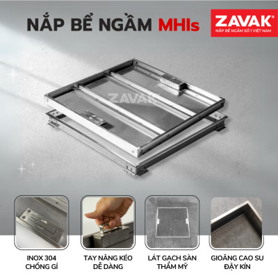 Nắp Bể Ngầm Trong Nhà 50x50cm Inox 304 ZAVAK MHIs-50 Nắp bể nước âm sàn, Nắp hố ga Inox 304