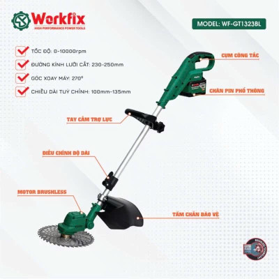 Máy cắt cỏ WORKFIX WF-GT1323BL / Không chổi than / Dài 130cm / Lưỡi 250mm / chính hãƞg