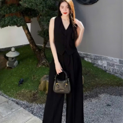 { Tách lẻ sản phẩm} Set áo ghile nữ chất linen loại 1, quần ống rộng hách dáng tôn da màu Đen Bv10