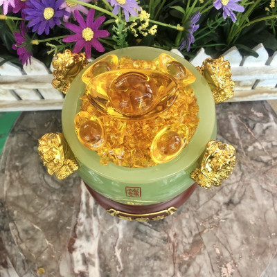 Hủ vàng, Bát Tụ Bảo, Bát tụ tài phong thủy đá xanh ngọc chiêu nạp tài lộc thần tài thổ địa - Cao 15 cm