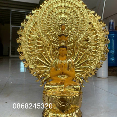 Tượng điêu khắc  phật thiên thủ thiên nhãn ngài nghìn mắt nghìn tay bằng gỗ hương đá sơn pu giả cổ cao cấp kt 61×48×20cm 