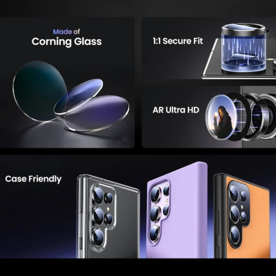 Tấm dán kính cường lực Camera cho Samsung Galaxy S22 Ultra / S23 Ultra / S24 Ultra hiệu HOTCASE KUZOOM AR - công nghệ kế dính tự động, mặt kính AGC sắc nét với độ cứng 9H, trang bị khung tự dán dễ dàng tự dán ở nhà - Hàng nhập khẩu