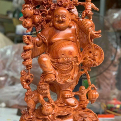 Tượng phật di lặc ngũ phúc bằng gỗ hương đá kt cao 60×26×15cm 