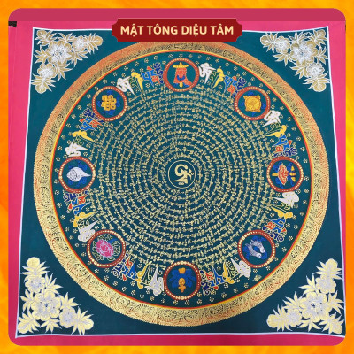 Tranh Mandala Lục Tự Chân Ngôn tranh Chú Om Vẽ Tay Thủ Công họa sư Nepal 55cm kim cương thừa [ tranh KHÔNG KHUNG] Mật tông Diệu Tâm