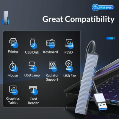 Hub USB ra 3 cổng USB 3.0 và 2.0 kiêm đầu đọc thẻ nhớ Orico AH-A12F-GY-BP - Hàng Chính Hãng