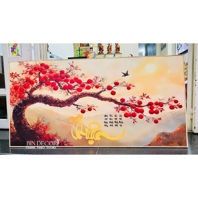 (ẢNH THẬT) Tranh treo tường cành hồng 15 trang trí decor phòng khách quà tặng kèm