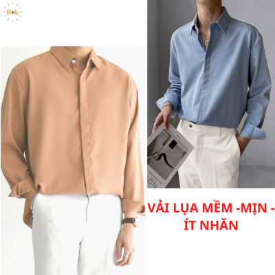 Áo sơ mi trơn form rộng tay dài unisex nam nữ kiểu cổ bẻ phong cách hàn quốc trẻ trung - MRD03