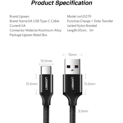 Ugreen UG50567US279TK 1M 5A màu Đen Cáp dữ liệu USB Type-C 2.0 sang USB truyền dữ liệu từ máy tính ra điện thoại - HÀNG CHÍNH HÃNG