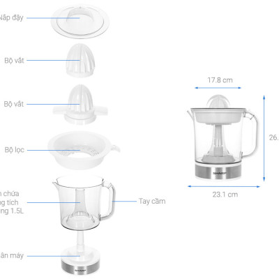 Máy vắt cam Sharp 40W EJ-J415-WH, màu trắng, Lưới lọc 2 lớp - Hàng chính hãng