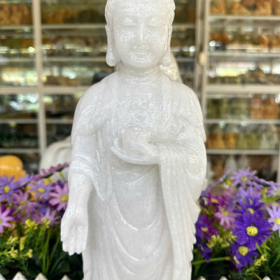 Tượng phật Adida đứng trên đài sen đá cẩm thạch trắng