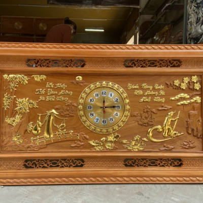 TRANH ĐỒNG HỒ TREO TƯỜNG TRẠM KHẮC CHA MẸ BẰNG GỖ GÕ ĐỎ KT 67×127×4CM