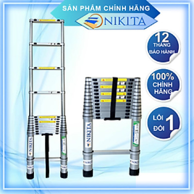 Thang rút đơn đai nhôm bền bỉ, ống thang dày chắc, chân thang chống trượt, chính hãng Nikita