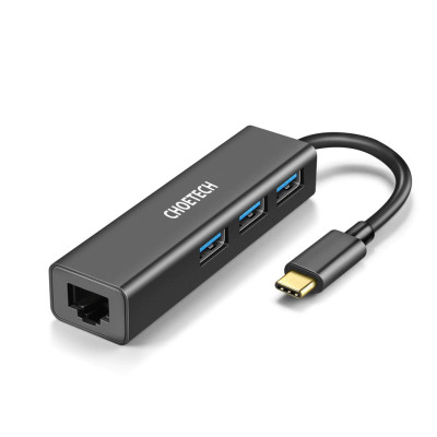 Hub Adapter 4 in 1 CHOETECH U02BK chuyển từ Type-C ra 3 cổng USB 3.0 & cổng LAN RJ45 dùng cho Macbook / Laptop (tốc độ cao, kết nối nhiều thiết bị, kết nối internet có dây) - Hàng chính hãng