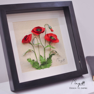 Tranh Hoa Giấy Handmade Trang Trí - Hoa Poppy Kết Hợp Giấy Dó MAYPAPERFLOWER Khung Tranh Gỗ Size 25x25cm