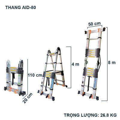 Thang Nhôm Rút Đa Năng Có Bánh Xe - 8.0 Mét