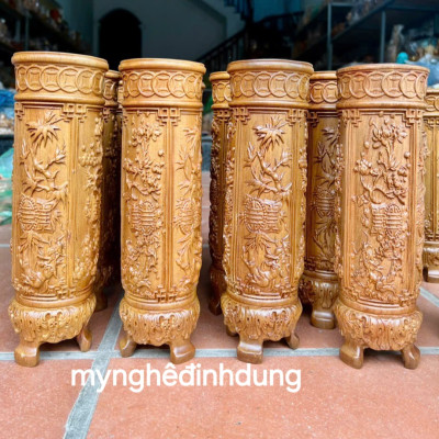 Đôi Ống cắm nhang hương khắc tứ quý bằng gỗ bách xanh thơm nức cao 30x9x9cm 