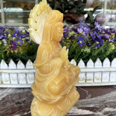 Tượng Phật Bà Quan Âm ngồi đài sen đá ngọc hoàng long - Cao 25 cm