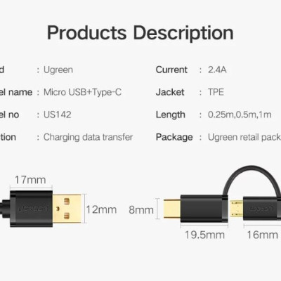 Ugreen UG30177US142TK 1.5M màu đen Cáp USB-A 2.0 sang Micro USB + USB-C - HÀNG CHÍNH HÃNG
