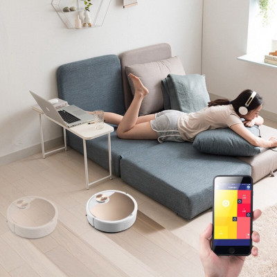 Robot Hút Bụi Lau Nhà, Máy Hút Bụi Thông Minh,Thiết kế nhỏ gọn làm sạch các vị trí khó như gầm giường ,tủ , ghế sofa . Hàng Nhập Khẩu