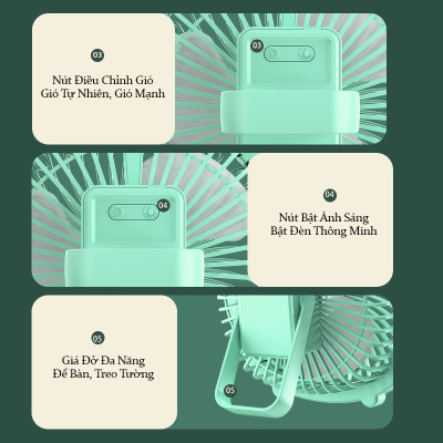 Quạt Mini Để Bàn, Quạt Tích Điện Usb Teement, Quạt Cầm Tay 3 Tốc Độ, Tích Hợp Đèn Ngủ, Điều Chỉnh Hướng Gió 180 Độ, Không Gây Ồn, Pin Sạc Dung Lượng Cao - Hàng Chính Hãng