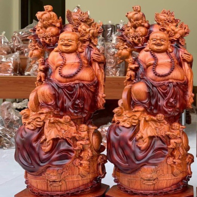 Tượng phật di lặc ngũ phúc bằng gỗ hương đá tô làm mầu giả cổ kt cao 60×24×14cm