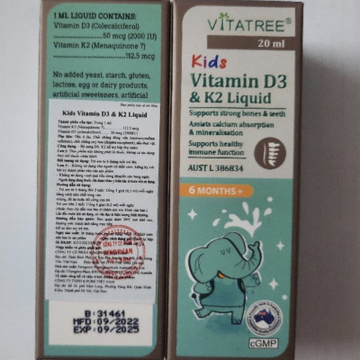 ￼VITATREE Kids Vitamin D3 & K2 Liquid - Lọ 20ml, nhập khẩu Úc