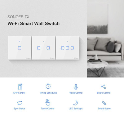  Công tắc đèn tường WiFi SONOFF T1UK3C-TX 3 Gang thông minh 433Mhz Ứng dụng điều khiển từ xa RF / Hẹn giờ điều khiển cảm ứng Bảng điều khiển tiêu chuẩn