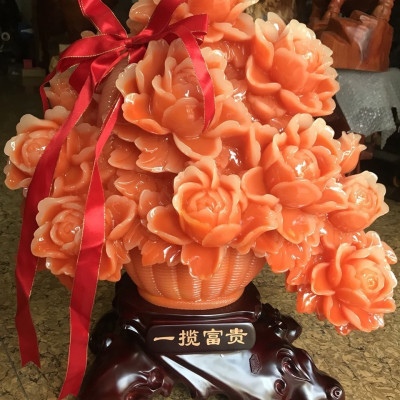 Tượng Bình Hoa Mẫu Đơn Đỏ Cam Mới To Dây Đỏ May Mắn Quá Hoành Tráng Đẹp Lắm Size Cao 55cm Ngang 48cm Sâu 31cm biểu tượng sự Hưng Thịnh , thịnh vượng, phồn vinh, Giàu Sang , Phú Quý, Giàu Sang , Phú Quý trưng phòng khách nhà công công quà tặng ý nghĩa ạ