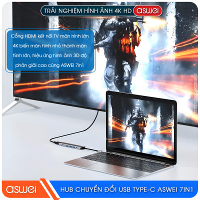 Hub Chuyển Đổi USB Type C ASWEI 7 in 1 - HDMI, USB 3.0, SD, TF, USB C, PD 100W Tốc Độ Cao - Hàng Chính Hãng