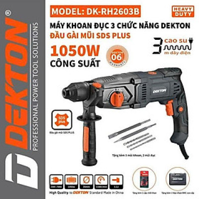 Máy khoan đục bê tông 2chức năng DEKTON DK-2603B, Công suất 1050w ,Tặng kèm 5 mũi, Bảo hành 12 tháng