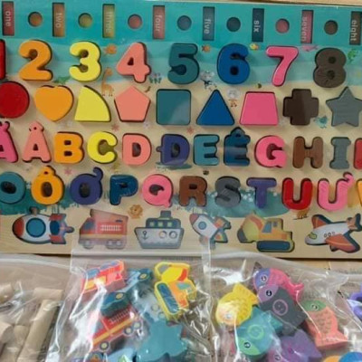 Đồ Chơi Gỗ, Bảng Chữ Cái 6in1, Đồ Chơi Câu Cá, Ghép Hình Học, Chữ Số, Chữ Cái, Phương Tiện 