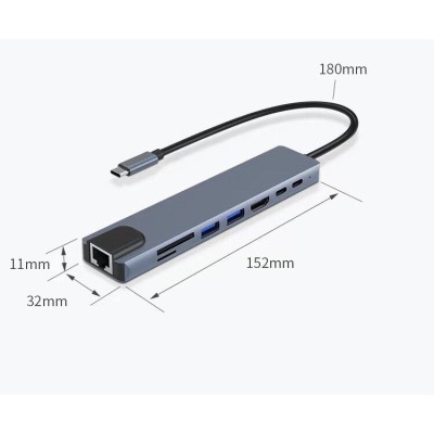 Bộ Chuyển Đổi Hub 8 Trong 1 Type C 3.1 Sang HDMI 4K-Mạng RJ45 Đọc Thẻ SD / TF Cho MacBook Notebook Laptop Máy Tính-Hàng Chính Hãng