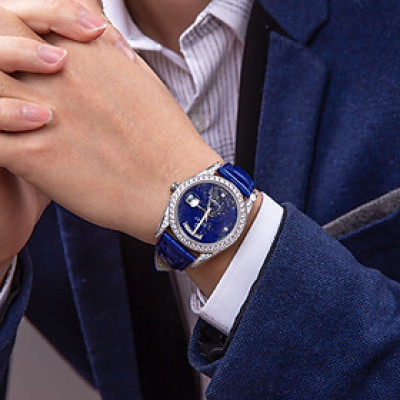 【START】Đồng hồ nam đá Lapis Lazuli tự nhiên đồng hồ kim cương chức năng hiển thị thứ ngày  đồng hồ cơ tự động dây da cá sấu Khóa bướm