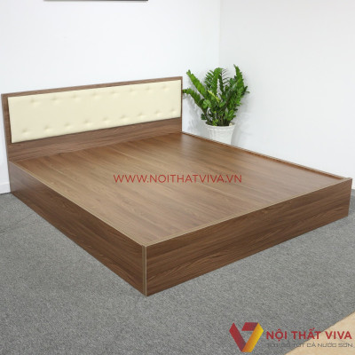 Giường Ngủ Gỗ Mdf Phủ Melamine Có Đầu Nệm Kem Hiện Đại Màu Óc Chó