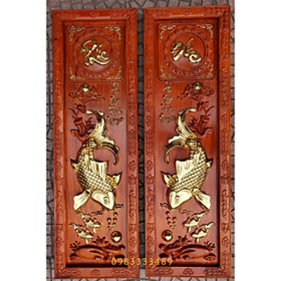 TRANH GỖ HƯƠNG ĐỤC NỔI MẠ VÀNG - LÝ NGƯ VỌNG NGUYỆT - CẶP CÁ CHÉP ( 37*117cm)