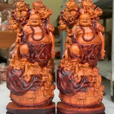 Tượng phật di lặc ngũ phúc bằng gỗ hương đá tô làm mầu giả cổ kt cao 60×24×14cm