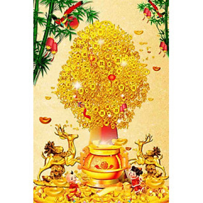 Tranh PHONG THỦY,TRANH CÂY KIM TIỀN TÀI LỘC TRANH HOA 3D,,tranh dán tường 3D KT LỚN,,PVP-PPKT9