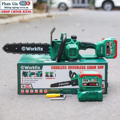 Máy cưa xích pin WORKFIX 21V (WF-CS12BL) 2 Pin 15cell, Động cơ Không chổi than,Cưa Cây, Cắt Cành, Tra Dầu Tự Động
