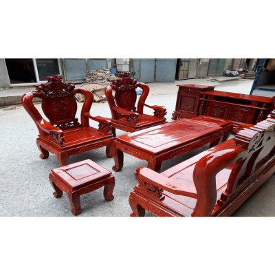 bộ bàn ghế phòng khách bộ Nghê Đinh 3 đầu cột 10 gỗ xà cừ
