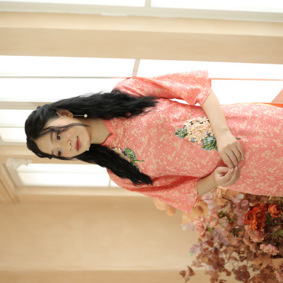 Áo dài cách tân thiết kế lụa cam kết hoa ( size L)