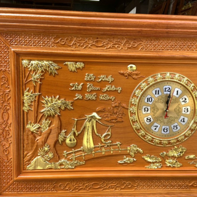 Tranh đồng hồ treo tường trạm khắc chữ cha mẹ bằng gỗ gõ đỏ kt 67×127×4cm