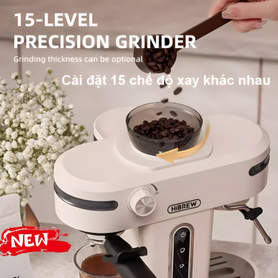 Máy pha cà phê bán tự động 3 trong 1 Espresso, Cappuccino, Latte. Kết hợp máy xay cà phê 15 chế độ. Thương hiệu Mỹ cao cấp HiBREW. HÀNG CHÍNH HÃNG