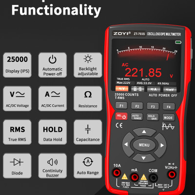 Đồng hồ đo điện vạn năng kỹ thuật số Zoyi ZT-703S 3 trong 1, tích hợp đo sóng hai kênh 50 mhz, lưu trữ dữ liệu dạng sóng, máy phát tín hiệu dao động kép, băng thông 280ms, tốc độ pc - Hàng Chính Hãng