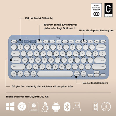 Logitech Pebble 2, Bàn phím Bluetooth Logitech K380s và chuột Bluetooth Logitech M350s - Yên tĩnh, Di động, Easy-Switch - hàng chính hãng