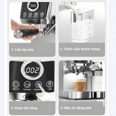 HÀNG CHÍNH HÃNG - Máy pha cà phê Espresso bán tự động, 3 trong 1 tự động pha Espresso, Latte, Cappuccino. Thương hiệu Mỹ cao cấp HiBREW - H13A