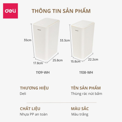 Thùng Rác Nắp Bật Nhấn Nút Thông Minh Deli - Tiết Kiệm Không Gian Nhựa PP Nguyên Sinh Hạn Chế Mùi Hôi Kháng Khuẩn Sọt Rác Văn Phòng Nhà Bếp - 1108 1109