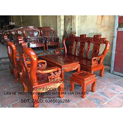 bộ bàn ghế phòng khách bộ Nghê Đinh 3 đầu cột 10 gỗ xà cừ