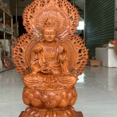 Bộ tượng phật tam thánh tây phương bằng gỗ hương đá kt cao 30×16×16cm +lá chắn hòa quang cao tổng 41×24cm